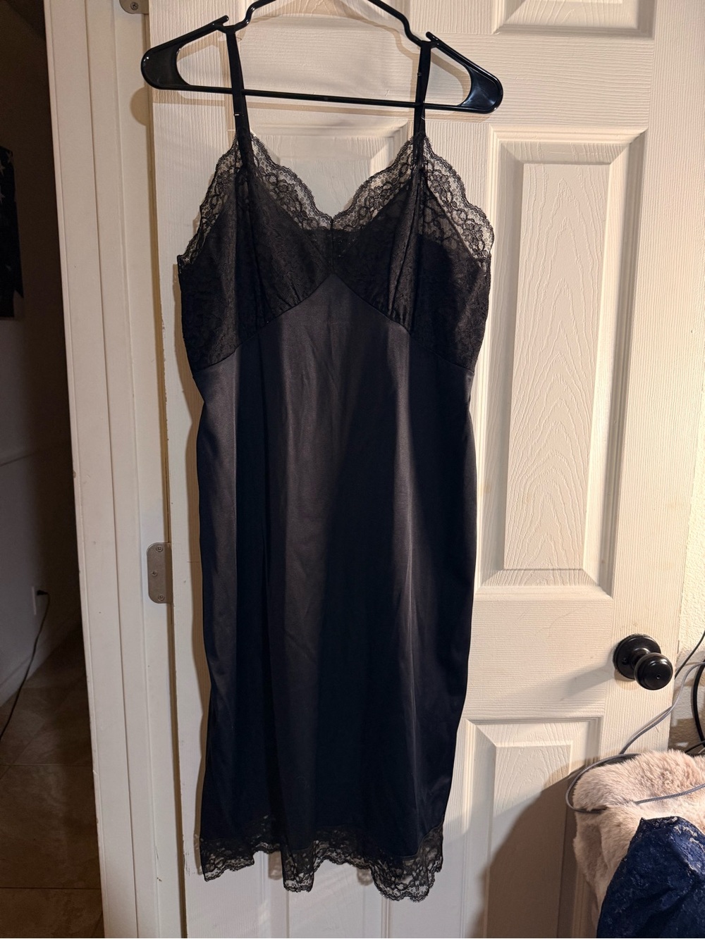 Vintage Vassarette Black Nylon Full Slip Lace Trim Nightgown Cami Dress Size 40